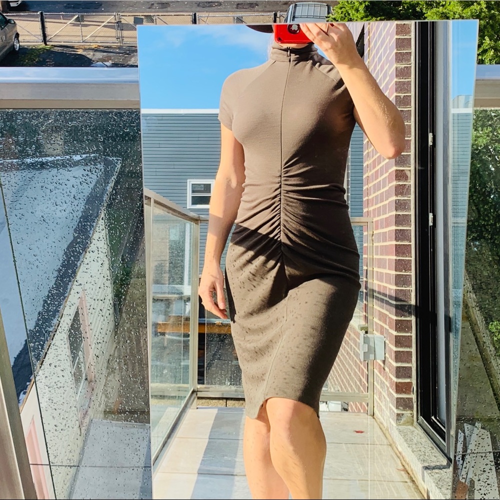 Wool Zenobia Virgin Camo Pleated Ruched Hi-Neck Turtle Neck Bodycon Dress